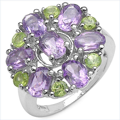 Bids.com 3.61 Carat Genuine Amethyst and Peridot .925 Sterling Silver Ring Rings