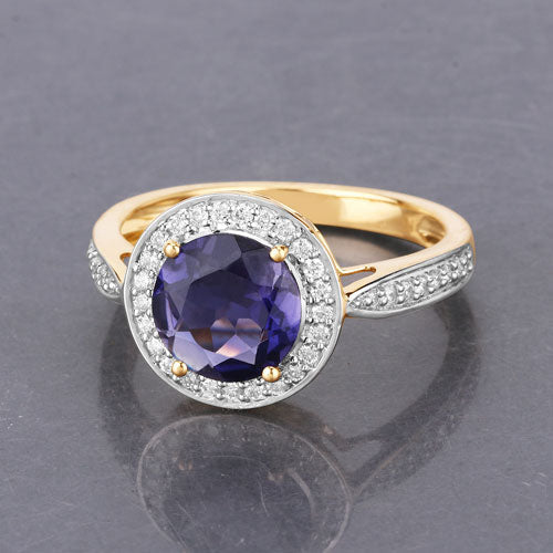 Bids.com 1.79 Carat Genuine Iolite and White Diamond 14K Yellow Gold Ring Rings