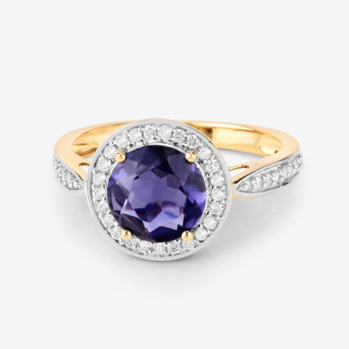 Bids.com 1.79 Carat Genuine Iolite and White Diamond 14K Yellow Gold Ring Rings