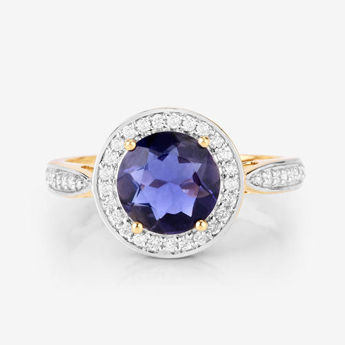 Bids.com 1.79 Carat Genuine Iolite and White Diamond 14K Yellow Gold Ring Rings