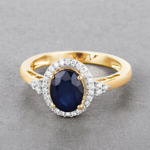 Bids.com 1.70 Carat Genuine Blue Sapphire and White Diamond 14K Yellow Gold Ring Rings