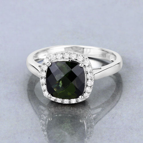 Bids.com 2.64 Carat Genuine Green Tourmaline and White Diamond 14K White Gold Ring Rings