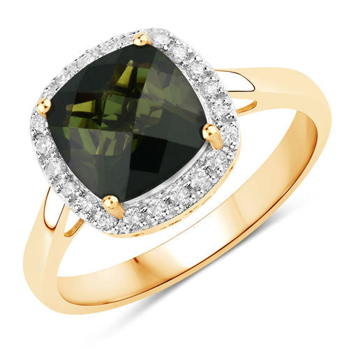 Bids.com 2.64 Carat Genuine Green Tourmaline and White Diamond 14K Yellow Gold Ring Rings