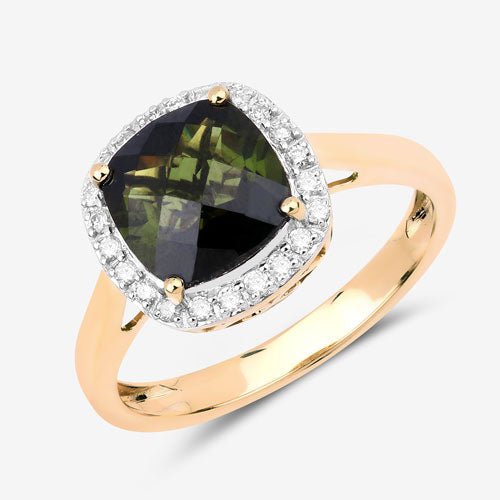 Bids.com 2.64 Carat Genuine Green Tourmaline and White Diamond 14K Yellow Gold Ring Rings