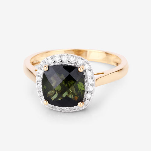 Bids.com 2.64 Carat Genuine Green Tourmaline and White Diamond 14K Yellow Gold Ring Rings