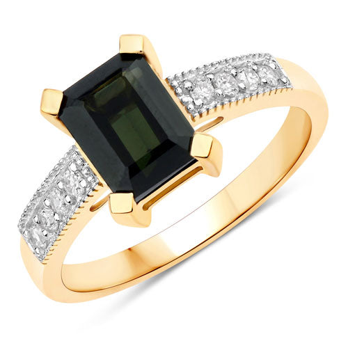 Bids.com 1.91 Carat Genuine Green Tourmaline and White Diamond 14K Yellow Gold Ring Rings