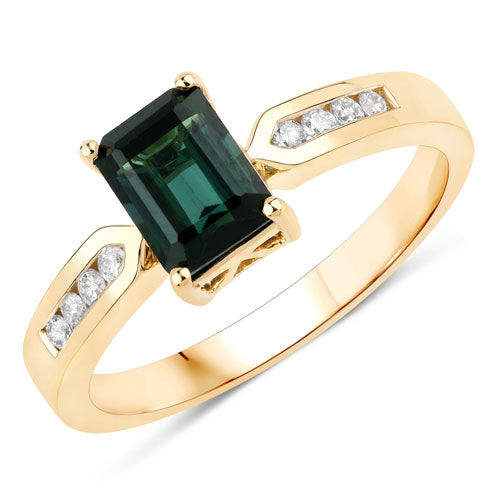 Bids.com 1.19 Carat Genuine Green Tourmaline and White Diamond 14K Yellow Gold Ring Rings