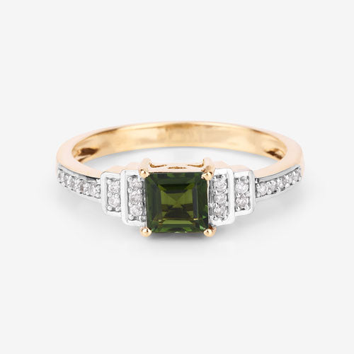 Bids.com 0.72 Carat Genuine Green Tourmaline and White Diamond 14K Yellow Gold Ring Rings