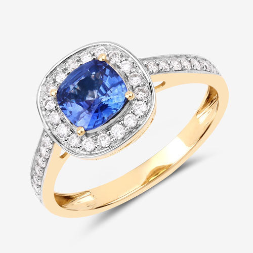 Bids.com 1.31 Carat Genuine Blue Sapphire and White Diamond 18K Yellow Gold Ring Rings