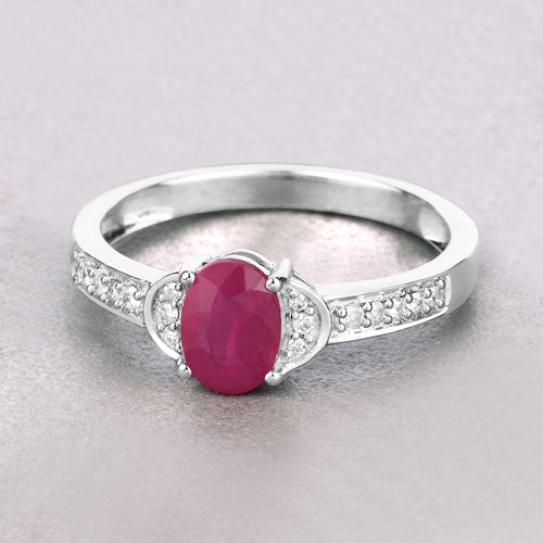 Bids.com 0.95 Carat Genuine Ruby and White Diamond 10K White Gold Ring Rings