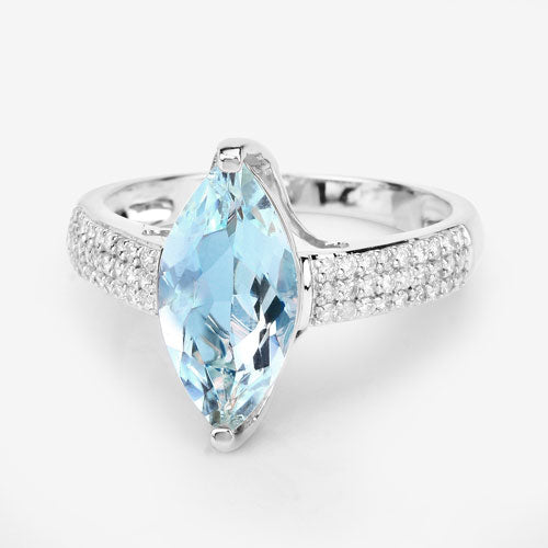 Bids.com 2.09 Carat Genuine Aquamarine and White Diamond 14K White Gold Ring Rings