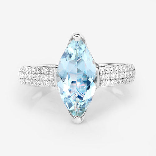 Bids.com 2.09 Carat Genuine Aquamarine and White Diamond 14K White Gold Ring Rings