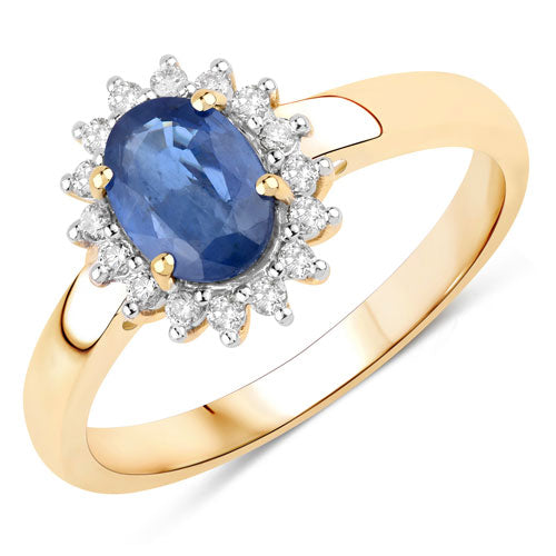 Bids.com 1.11 Carat Genuine Blue Sapphire and White Diamond 10K Yellow Gold Ring Rings