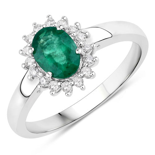 Bids.com 0.86 Carat Genuine Zambian Emerald and White Diamond 14K White Gold Ring Rings