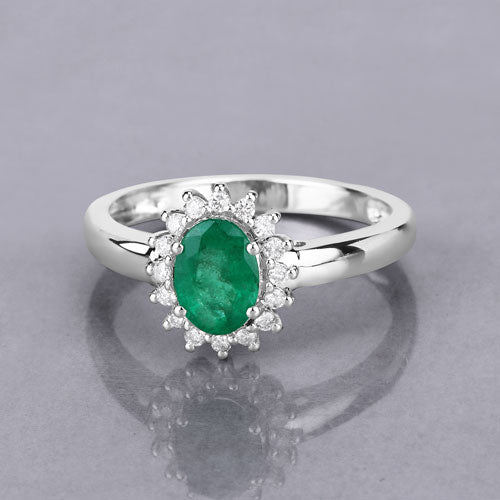 Bids.com 0.86 Carat Genuine Zambian Emerald and White Diamond 14K White Gold Ring Rings