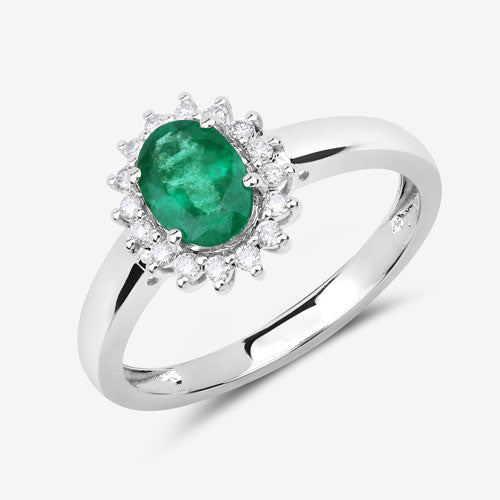Bids.com 0.86 Carat Genuine Zambian Emerald and White Diamond 14K White Gold Ring Rings