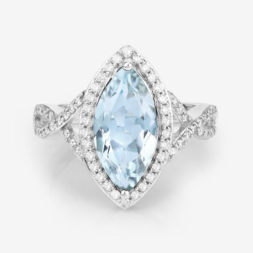 Bids.com 2.24 Carat Genuine Aquamarine and White Diamond 14K White Gold Ring Rings