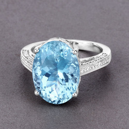 Bids.com 8.84 Carat Genuine Aquamarine and White Diamond 14K White Gold Ring Rings