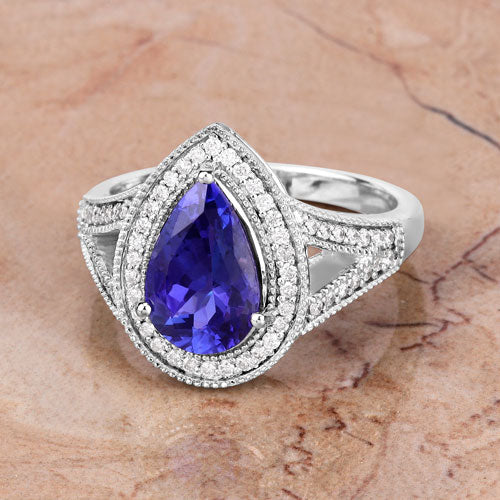 Bids.com 2.60 Carat Genuine Tanzanite and White Diamond 14K White Gold Ring Rings