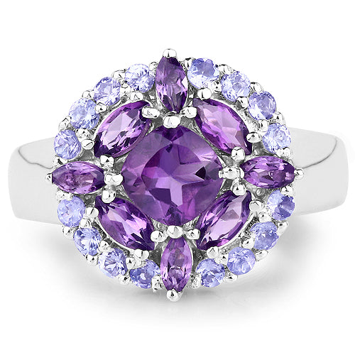Bids.com 2.19 Carat Genuine Amethyst and Tanzanite .925 Sterling Silver Ring Rings