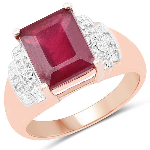 Bids.com 14K Rose Gold Plated 4.26 Carat Genuine Glass Filled Ruby and White Topaz .925 Sterling Silver Ring Rings