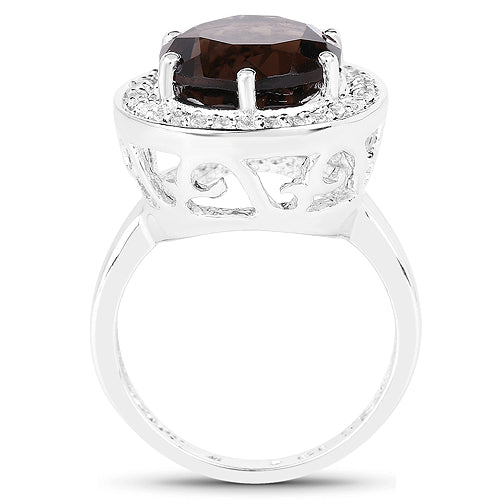Bids.com 4.52 Carat Genuine Smoky Quartz and White Topaz .925 Sterling Silver Ring Rings