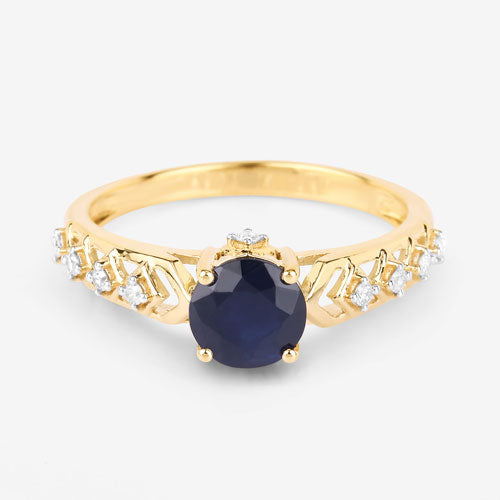 Bids.com 1.13 Carat Genuine Blue Sapphire and White Diamond 10K Yellow Gold Ring Rings