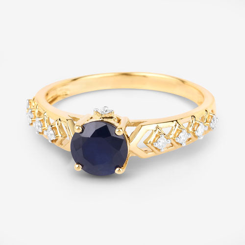 Bids.com 1.13 Carat Genuine Blue Sapphire and White Diamond 10K Yellow Gold Ring Rings
