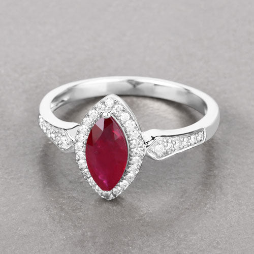 Bids.com 0.96 Carat Genuine Ruby and White Diamond 14K White Gold Ring Rings
