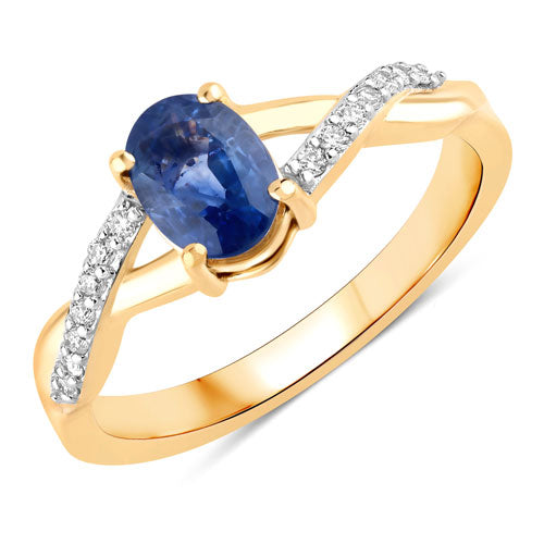 Bids.com 1.04 Carat Genuine Blue Sapphire and White Diamond 14K Yellow Gold Ring Rings