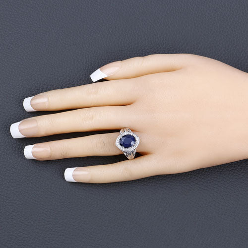 Bids.com 3.31 Carat Genuine Blue Sapphire and White Diamond 14K White Gold Ring Rings