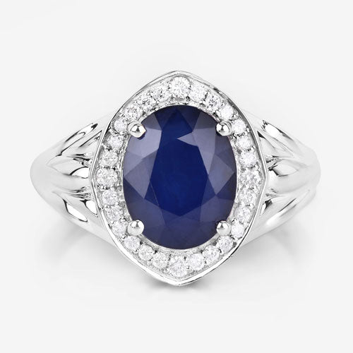 Bids.com 3.31 Carat Genuine Blue Sapphire and White Diamond 14K White Gold Ring Rings