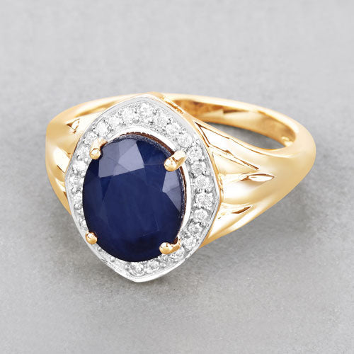 Bids.com 3.31 Carat Genuine Blue Sapphire and White Diamond 14K Yellow Gold Ring Rings