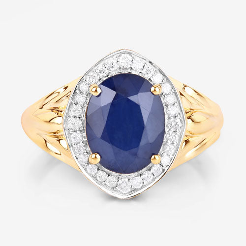 Bids.com 3.31 Carat Genuine Blue Sapphire and White Diamond 14K Yellow Gold Ring Rings