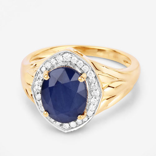 Bids.com 3.31 Carat Genuine Blue Sapphire and White Diamond 14K Yellow Gold Ring Rings
