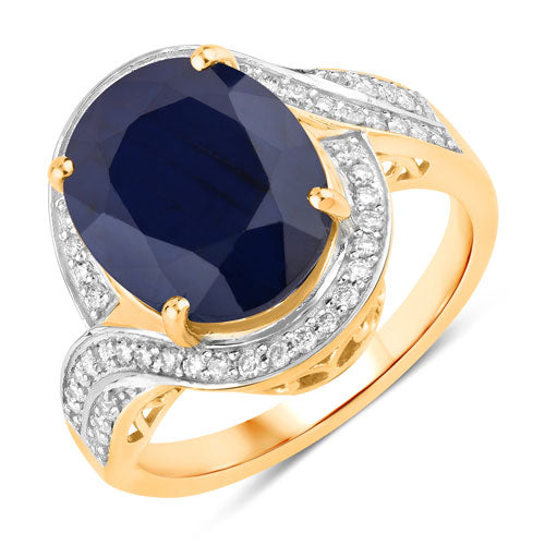 Bids.com 6.52 Carat Genuine Blue Sapphire and White Diamond 14K Yellow Gold Ring Rings