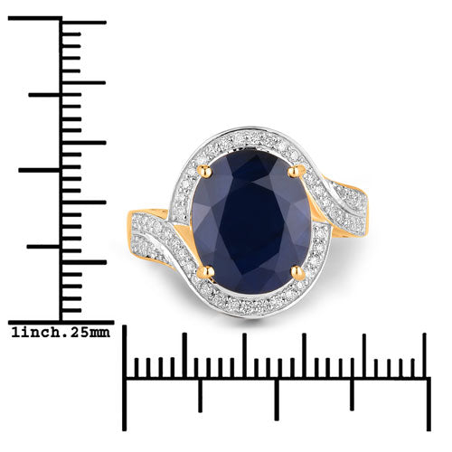 Bids.com 6.52 Carat Genuine Blue Sapphire and White Diamond 14K Yellow Gold Ring Rings