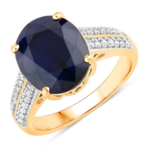 Bids.com 6.49 Carat Genuine Blue Sapphire and White Diamond 14K Yellow Gold Ring Rings
