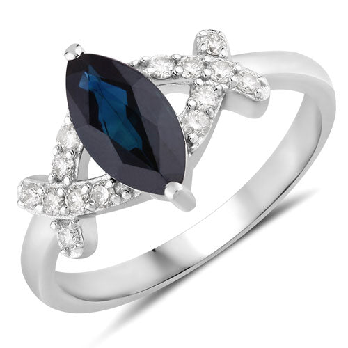 Bids.com 1.50 Carat Genuine Blue Sapphire and White Diamond 14K White Gold Ring Rings