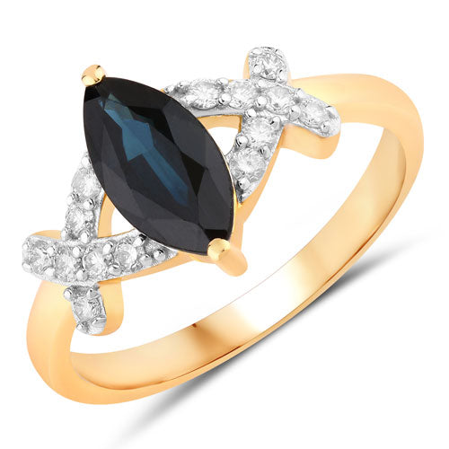 Bids.com 1.50 Carat Genuine Blue Sapphire and White Diamond 14K Yellow Gold Ring Rings