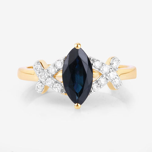 Bids.com 1.50 Carat Genuine Blue Sapphire and White Diamond 14K Yellow Gold Ring Rings