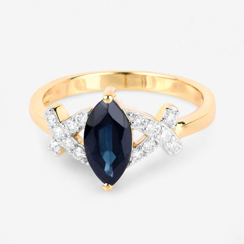 Bids.com 1.50 Carat Genuine Blue Sapphire and White Diamond 14K Yellow Gold Ring Rings