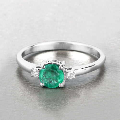 Bids.com 0.71 Carat Genuine Zambian Emerald and White Diamond 14K White Gold Ring Rings