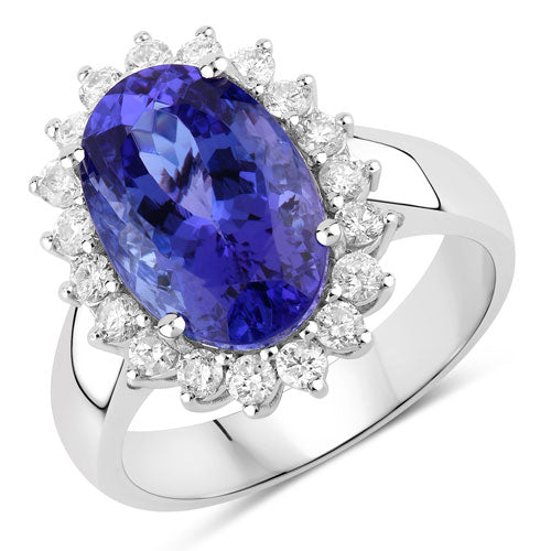 Bids.com 5.92 Carat Genuine Tanzanite and White Diamond 14K White Gold Ring Rings