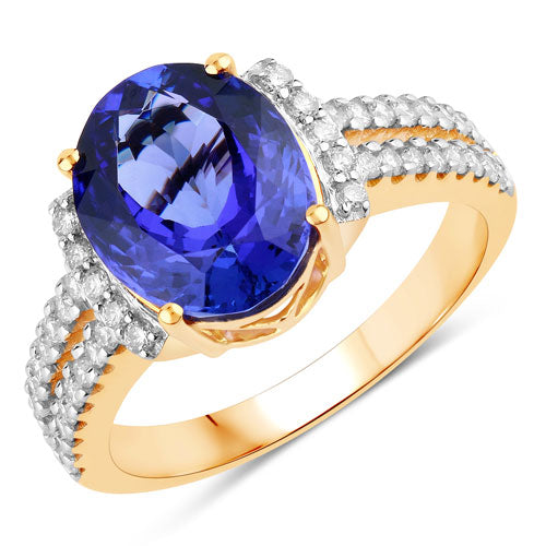 Bids.com 4.20 Carat Genuine Tanzanite and White Diamond 14K Yellow Gold Ring Rings
