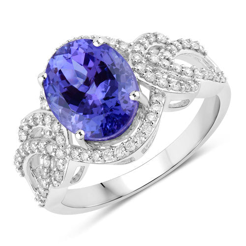Bids.com 4.08 Carat Genuine Tanzanite and White Diamond 14K White Gold Ring Rings