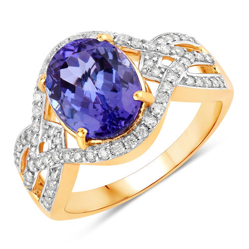 Bids.com 3.56 Carat Genuine Tanzanite and White Diamond 14K Yellow Gold Ring Rings