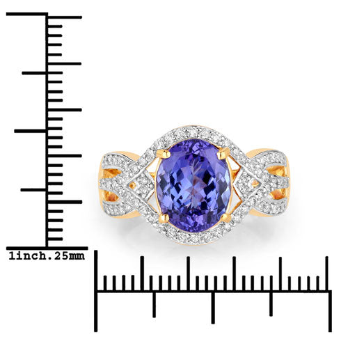 Bids.com 3.56 Carat Genuine Tanzanite and White Diamond 14K Yellow Gold Ring Rings