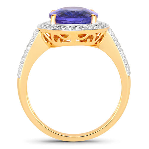 Bids.com 4.02 Carat Genuine Tanzanite and White Diamond 14K Yellow Gold Ring Rings