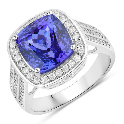 Bids.com 5.59 Carat Genuine Tanzanite and White Diamond 14K White Gold Ring Rings